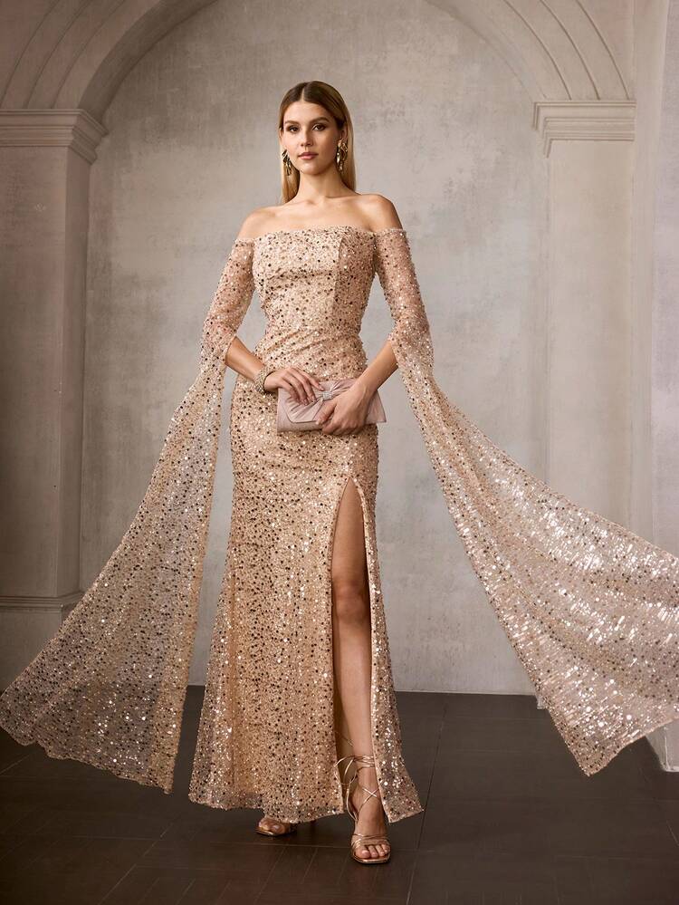 MOTF Soiréza WOMEN'S ELEGANT FORM-FITTING OFF SHOULDER ULTRA-LONG SLEEVE SPARKLY SEQUIN HIGH SLIT MERMAID HEM MAXI GOWN – IDEAL FOR FORMAL EVENTS, GALAS, HOLIDAY PARTIES & EVENING DINNERS