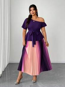 Elenzga Plus Size Women's Summer Elegant Dark Purple Off-Shoulder Cinched Waist Top & Ombre Pleated Skirt 2-Piece Set,Wedding Ninang Outfit For Dates - Multicolor - View 4
