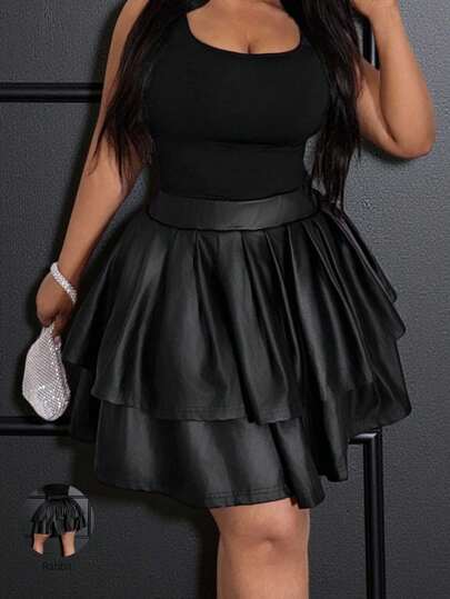 Slaydiva 2026 New/Easter/Western/Holiday New Year Valentine's Day Sexy/Streetwear For Women/Gyaru High Waist Stretchy Black PU Mini Skirt, Women's Summer New Sexy Double Layer Pleated PU Super Short MINI Umbrella Skirt