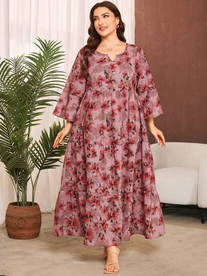 Lacomfia Bamboo Knot Linen Print Casual Loose Fit Plus Size Dress For Women