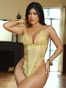 SHEIN Women's Sexy Lace Patchwork Backless Halter Jumpsuit - Yellow - View 6