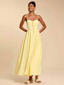 Travachic 女士休闲度假风纯色系带吊带连衣裙，夏季，嘉年华 - 黃色 - 查看 7