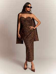 Radiana 女士复古性感优雅棕色麂皮豹纹连衣裙，带胸垫和围巾，长款连衣裙，春季连衣裙，情人节约会连衣裙，适合日常外出、购物、约会、聚会、鸡尾酒会、夜店、生日派对等场合。 - 彩色 - 查看 4