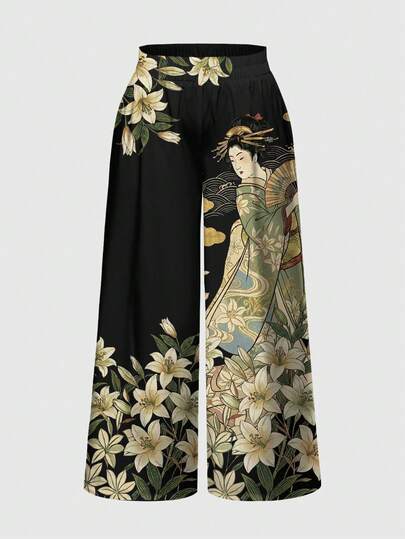 ROMWE Avant Pantaloni larghi e morbidi con stampa all-over, stile punk cinese nuovo per festival di musica dark