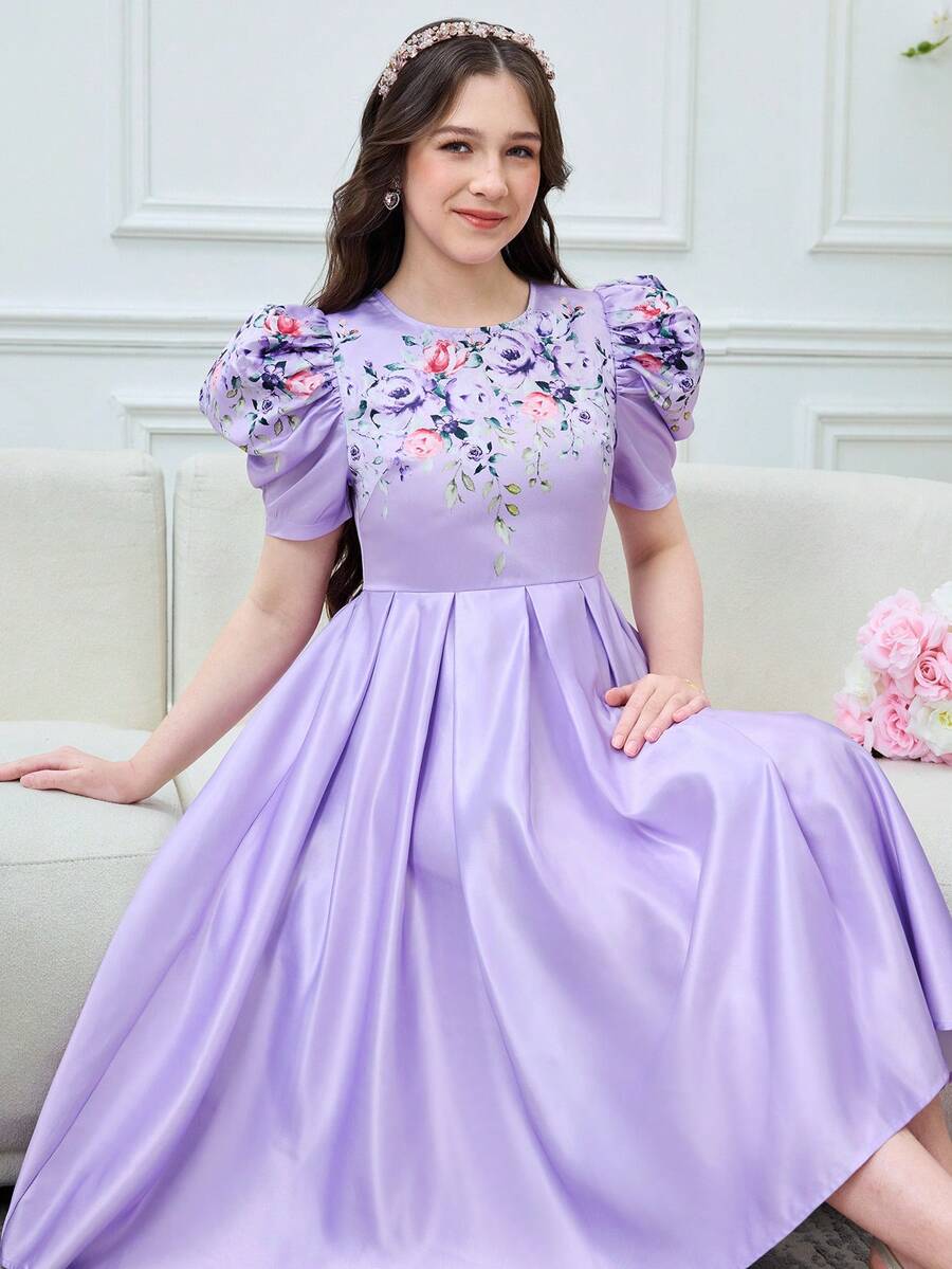 SHEIN Đầm xếp ly tay lửng màu tím thanh lịch dành cho thiếu nữ, chất liệu dệt jacquard, họa tiết hoa, thích hợp cho tiệc tối và mùa cưới. - Màu tím - Xem 1