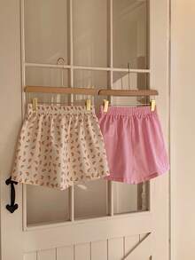 CovetEZ 2 Pcs Women's Elastic Waist Striped Print Patch Casual Versatile Shorts Sleepwear Shorts Croissant Print Shorts Striped Shorts Pajama Shorts Cute Shorts Comfortable And Sweet Shorts For Casual Wear At Home; Loose Fit; Stylish And Versatile. - Multicolor - View 2