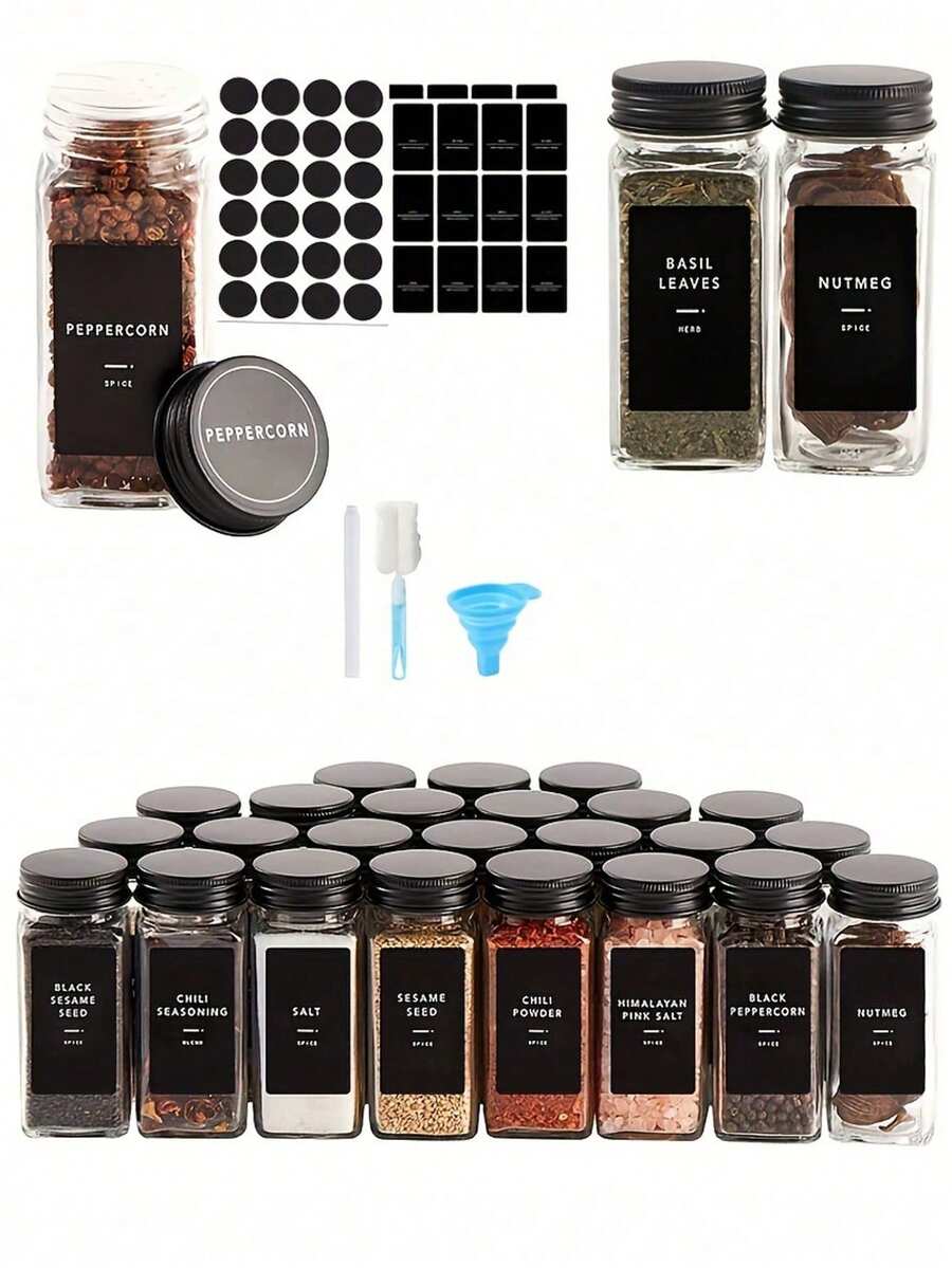12个/24个装玻璃调料罐，带密封盖和标签，4盎司方形空罐，调味料储存瓶，带标签，厨房小工具，最便宜的商品 - 黑色 - 查看 1