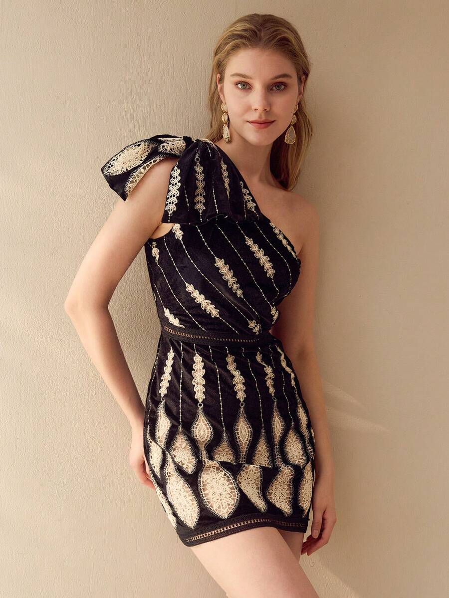 MOTF PREMIUM ASYMMETRIC NECKLINE EMBROIDERED BLACK MINI DRESS - Multicolor - View 1