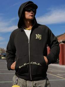 DAZY Spring/Autumn Letter Print Black Street Style Short Men's Hooded Sweatshirt Sweatshirt - Black - View 7