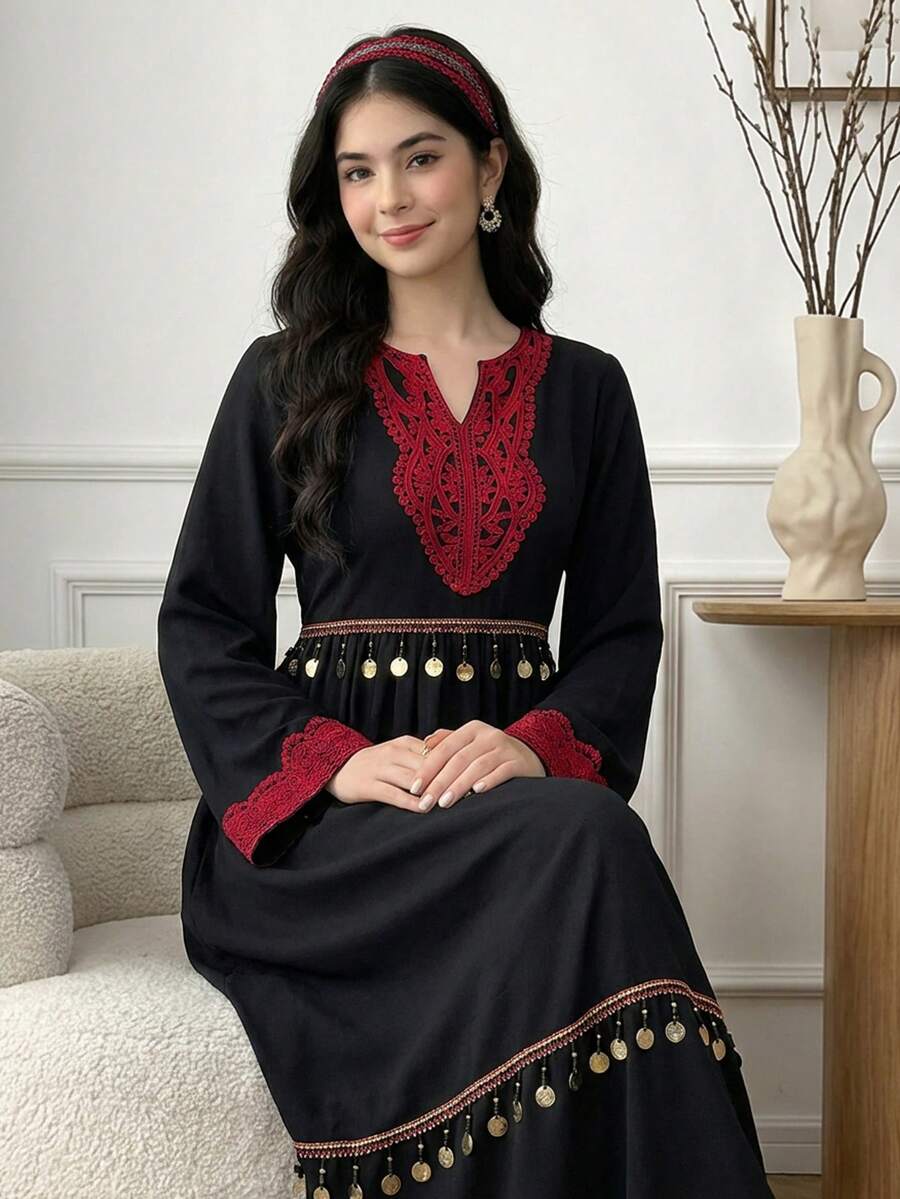 SHEIN 少女黑色复古刺绣撞色拼接流苏手工编织腰带长袖A字型国庆长裙/休闲假日度假连衣裙 - 黑色 - 查看 1
