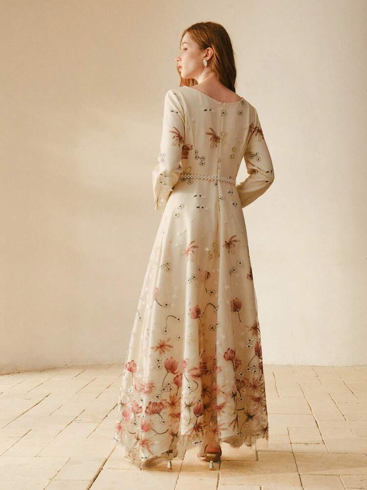WOMEN'S ROUND NECK MESH PATCHWORK FLORAL EMBROIDERY DRESS