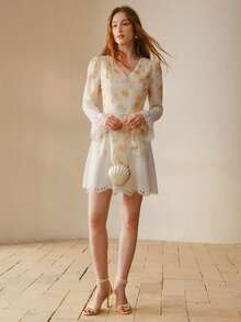 MOTF PREMIUM WOMEN'S FLORAL PRINT HOLLOW EMBROIDERY BELTED SHORT DRESS - Multicolor - View 1