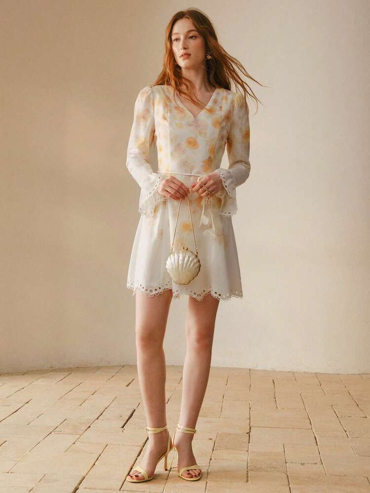 WOMEN'S FLORAL PRINT HOLLOW EMBROIDERY BELTED SHORT DRESS