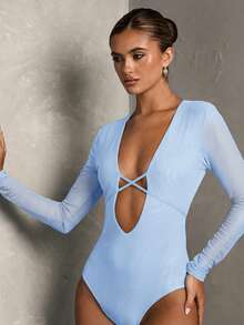 SHEIN BAE 女士纯色深V领网纱拼接长袖性感连体衣 - 淺藍色 - 查看 5