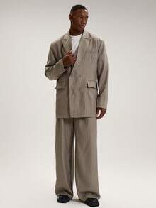 Musero Men Pinstripe Pocket Detail Oversized Tailored Blazer SPRING SUMMER Smart Casual Tailoring Suits - Khaki - View 5