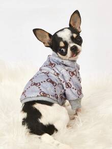 PETSIN 1件印花蝴蝶结法兰绒卫衣，宠物秋冬加厚保暖灰色款 - 灰色 - 查看 1