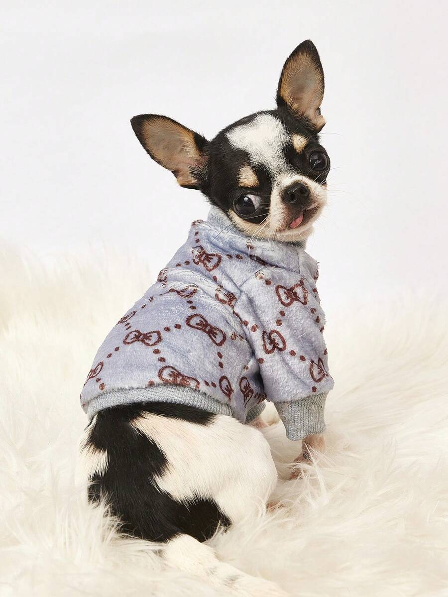 PETSIN 1件印花蝴蝶结法兰绒卫衣，宠物秋冬加厚保暖灰色款 - 灰色 - 查看 1