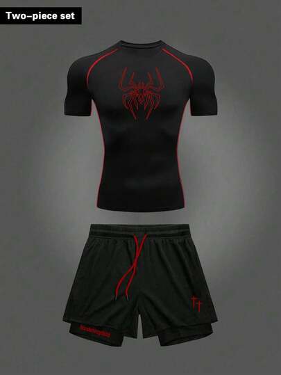 RISE LYT Men's Spider Print T-Shirt And Shorts Sports Suit Short Sleeve Workout Set Athletic Shirt And Shorts Activewear Set Gym Shorts Set Two-Piece Sports Outfit Gym Set Workout Set Compression Shirt Men
