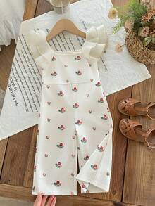 SHEIN LMoss Kids LMoss 嬰兒女童針織花卉拼接荷葉領休閒連身褲 短袖連身褲 櫻桃造型套裝 - 彩色 - 查看 3
