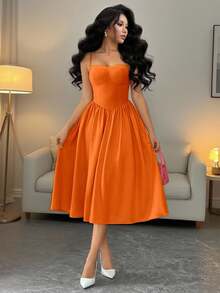Rafferiza Women's Elegant Burnt Orange Midi Dress,Summer Plain Solid Color Spaghetti Strap Flared Hem Chic Strapless Sundress For Date - Orange Ignite - View 8