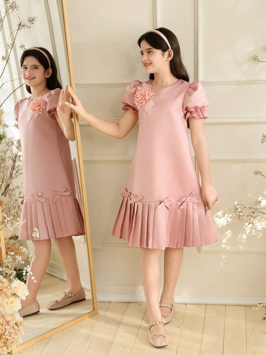 SHEIN 少女时尚3D立体花卉设计褶皱下摆连衣裙 - 粉色 - 查看 1