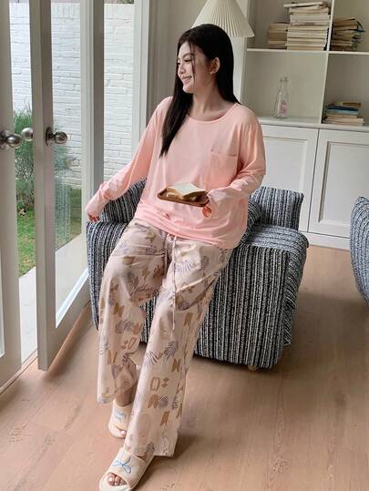 Dazy Plus 大码女式碎花口袋长袖上衣和裤子睡衣套装，春秋季休闲家居服