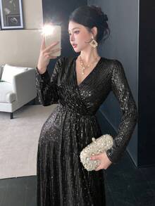 DAZY 优雅亮片连衣裙，高端奢华小众派对礼服闪亮连衣裙 - 黑色 - 查看 1