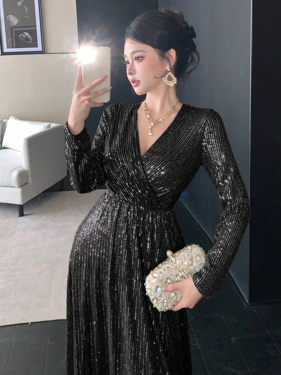 DAZY 优雅亮片连衣裙，高端奢华小众派对礼服闪亮连衣裙 - 黑色 - 查看 1