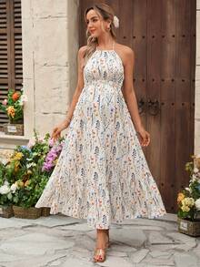 SHEIN Maternity Floral Print Halter Backless Casual Sleeveless Dress - Multicolor - View 3