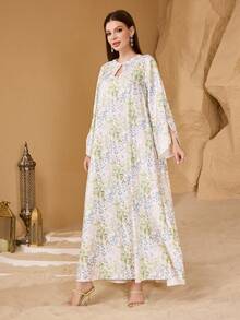 Al Najma 女士优雅浅色花卉印花精致串珠花朵设计日常阿拉伯风格连衣裙 - 彩色 - 查看 7