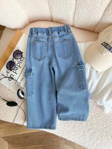 Toddler Boys' Casual Denim Jeans, Elastic Waist Cargo Style Washed Light Blue 3/4 Pants - Blue - View 2