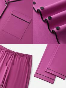 LUVLETTE Conjunto de pijama de algodón 100% puro suave con pantalón y top con botones y ribete de contraste para tallas grandes - Morado - Ver 3