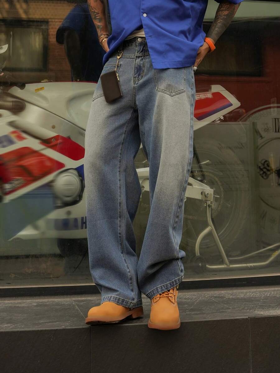 DAZY Men's Plain Washed Blue Distressed Denim Jeans, Suitable For Spring And Autumn - Blue - View 1