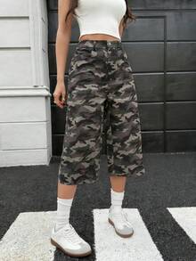 K-Vae Vintage Casual Camouflage Capri Cargo Pants, Spring/Summer - Army Green - View 4