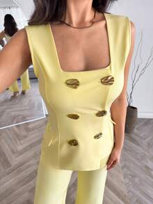 EURMUSE Elegant Double-Breasted Vest & Pants Suit, Business Attire - Apricot - View 6