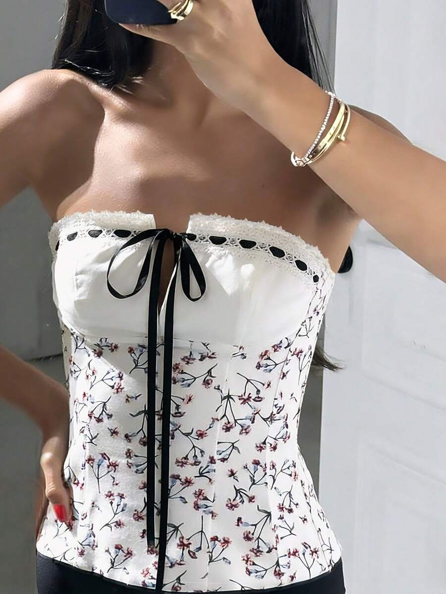 INAWLY Women's Elegant Ditsy Floral Tie Front Cropped Camisole Top, Summer - White - View 1