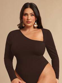 SHEIN BAE Plus Size Women's Asymmetric Collar Long Sleeve Bodysuit, Wine Red - Coffee Brown - View 1