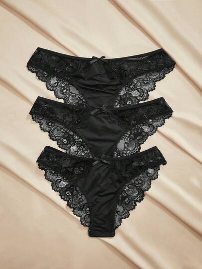 Charlaine 3条/包 纯色性感薄纱蕾丝低腰女士内裤