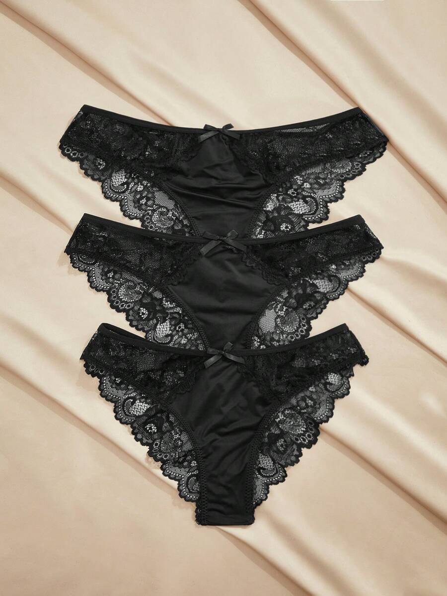 Charlaine 3条/包 纯色性感薄纱蕾丝低腰女士内裤