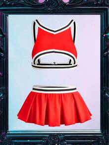 Fantasy Costume 2pcs Cheerleader Party Hollow Out Contrast Color Mini Skirt Costume Set, Energetic For Masquerade, Bar - Red - View 6