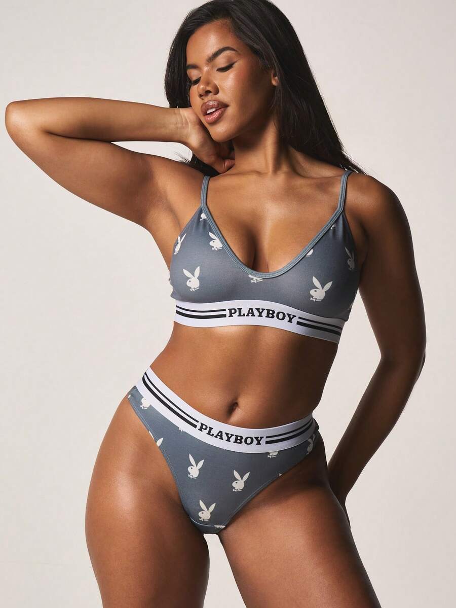 Missguided x Playboy Bunny Print V Neck Bralette With Thong Brief Set Elastic Band Intimates Loungewear Valentine Gift - Grey - View 1
