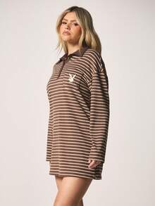 Missguided x Playboy Striped Polo Mini Dress Long Sleeve Collared Button Front Casual Fall Winter Preppy Rugby Style Short Dress - Multicolor - View 4