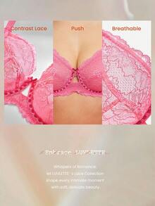 LUVLETTE Full Coverage Breathable Unlined  Pink Lace Elegance & Mesh Keyhole Detail Lingerie Lounge Curve Sheer Minimizer Bridal Intimates Romantic  Valentine's Day GiftsBra - Hot Pink - View 8
