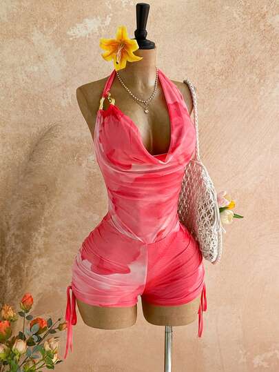 Soleia 女士复古渐变印花网纱金属装饰层叠荷叶边深V领连体裤，性感显瘦时尚，适合派对、约会、情人节、狂欢节、复活节、西部牛仔风、邮轮旅行、假日、海滩、音乐节、波西米亚风度假等场合，四季皆宜。