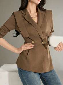 Heiryn Blazer elegante de mujer con cierre de botón de metal para ir al trabajo - Marrón - Ver 4