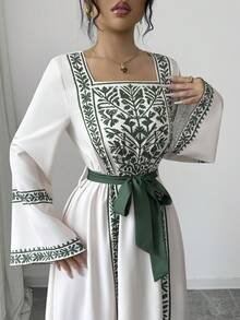 Yasmyna Women's Elegant Square Collar Flare Sleeve Cinched Waist Vintage Dress - Multicolor - View 5