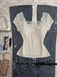 Glimmora 新款杏色蕾丝系带短袖修身女式衬衫 - 杏色 - 查看 1