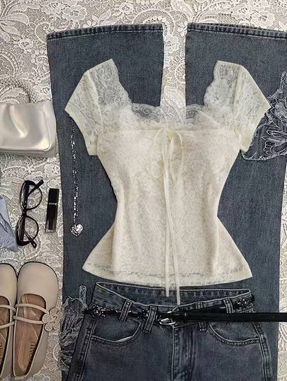 Glimmora 新款杏色蕾丝系带短袖修身女式衬衫