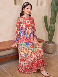 SHEIN Vestido midi elegante y casual de vacaciones para niñas preadolescentes con mangas abullonadas, volantes y lentejuelas con flecos - Rosa Fucsia - Ver 5
