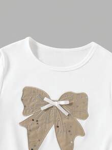 SHEIN ChillGRL 两件套：少女休闲时尚可爱蝴蝶结刺绣短袖上衣和多口袋工装裤 - 卡其色 - 查看 7